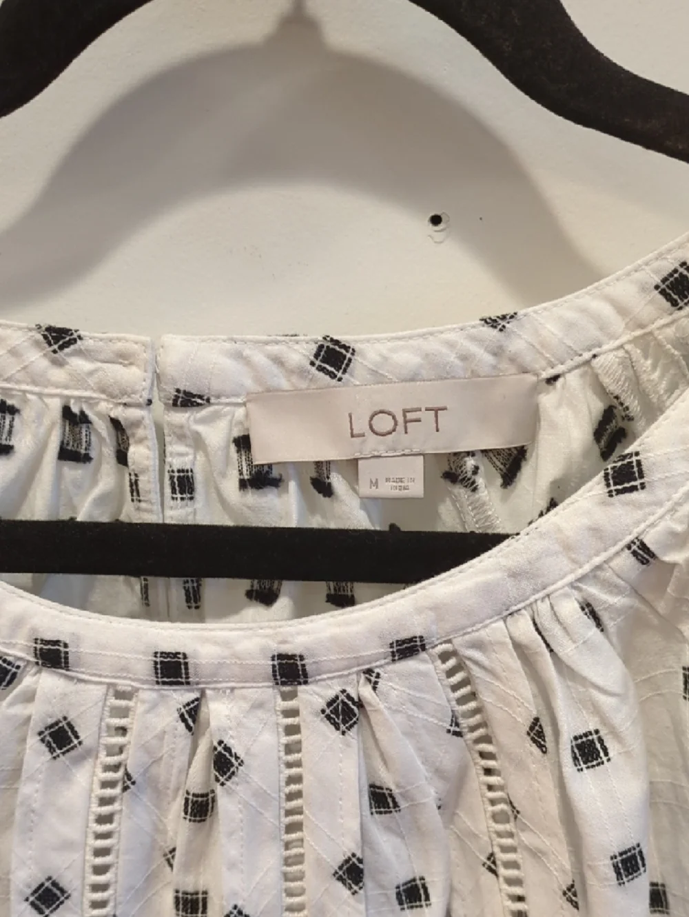 LOFT White Blouse Black Square Dot Embroidery Medium Whimsy Boho Cottage Summer